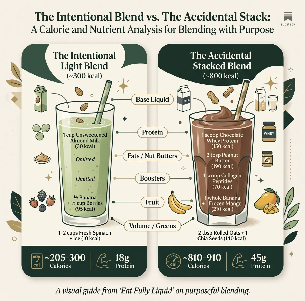 Ingredient-by-ingredient comparison of a roughly 205 to 300 calorie green blend and an 810 to 910 calorie stacked chocolate blend