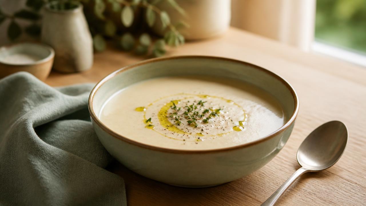 A warm bowl of blended soup in soft natural light