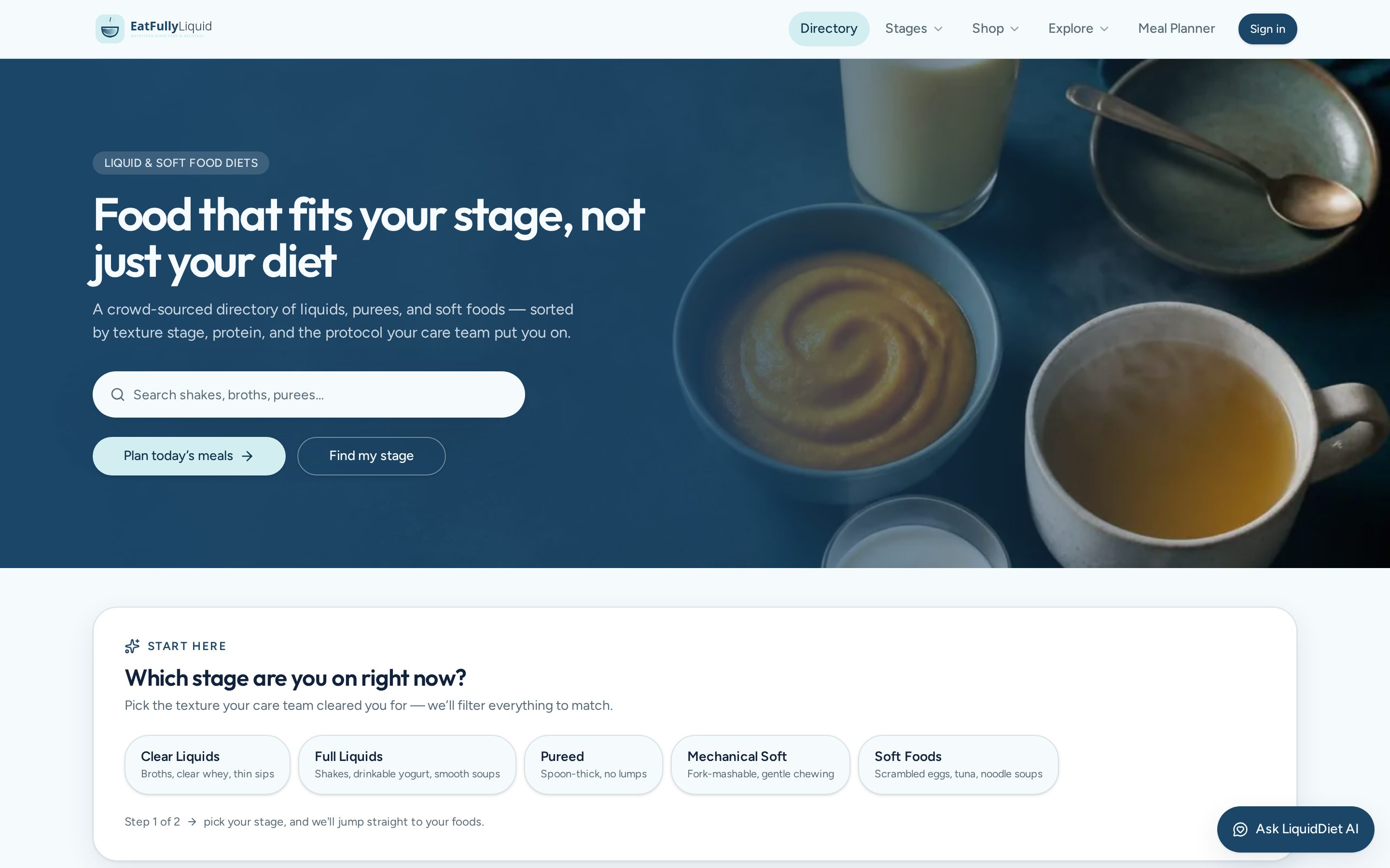 EatFullyLiquid Homepage & stage picker screenshot
